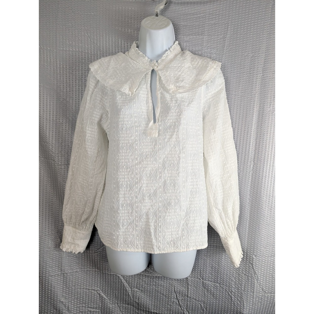 MNG Mango Ivory Embroidered Victorian Collar Blouse Romantic Eyelet Top Size S